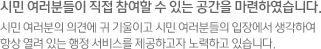 시민 여러분들이 직접 참여할 수 있는 공간을 마련하였습니다. 시민 여러분의 의견에 귀 기울이고 시민 여러분들의 입장에서 생각하여 항상 열려 있는 행정 서비스를 제공하고자 노력하고 있습니다.