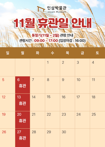 11월 휴관일 안내 6일, 13일, 20일, 27일, 휴관