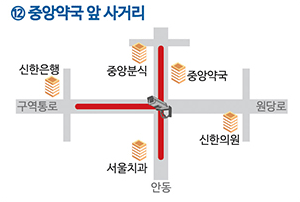 12. 중앙약국 앞 사거리 무인단속카메라 단속 구간입니다.