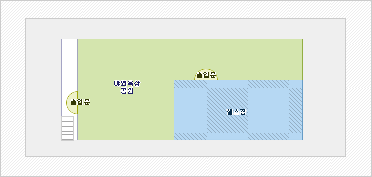 3층 : 계단에서 올라와서 오른편에 출입문을 들어가면 바로 야외옥상공원이 나오며, 오른편 안쪽으로 헬스장이 위치해 있습니다.