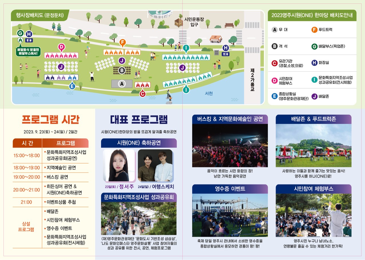 행사장배치도(문정둔치) / 2023영주시원(ONE)한마당 배치도안내 - 시민운동장입구 맞은편 왼쪽부터 H.화장실, I.문화특화지역조성사업 성과공유회(전시체험)/J.배달존, C.유관기관, A.무대/B.객석/J.배달존/F.푸드트럭, E.종합상황실(영주문화관광재단)/J.배달존/D.시민참여 체험부스, G.배달부스(픽업존)/H.화장실이 있습니다. 프로그램 시간 2023. 9. 23(토) ~ 24(일)/2일간 시간 프로그램 15:00~18:00 문화특화지역조성사업 성과공유회(공연) 18:00~19:00 지역예술인 공연 19:00~20:00 버스킹 공연 20:00~21:00 히든싱어 공연&시원(ONE)축하공연 21:00 이벤트상품 추첨 상설프로그램 배달존 시민참여 체험부스 영수증 이벤트 문화특화지역조성 사업 성과공유회(전시체험) 시원한마당 대표 프로그램 시원(ONE)한마당의 밤을 뜨겁게 달궈줄 축하공연 시원(ONE) 축하공연 23일(토)/정서주 24일(일)/여행스케치 문화특화지역조성사업 성과공유회 (재)영주문화관광재단 '문화도시 기반조성 삼삼삼', '나도 문화인페스타 영주문화살롱' 사업 참여자들의 성과 공유를 위한 전시, 공연, 체험프로그램 버스킹&지역문화예술인 공연 음악이 흐르는 시민 화합의 장! 낭만 가득한 음악공연 배달존&푸드트럭존 사랑하는 이들과 함께 즐기는 맛있는 음식! 영주시를 하나(ONE)로! 영수증 이벤트 축제 당일 영주시 관내에서 소비한 영수증을 종합상황실에서 응모하면 경품이 팡!팡! 시민참여 체험부스 영주시민 누구나 남녀노소, 연령불문 즐길 수 있는 체험거리 한가득!