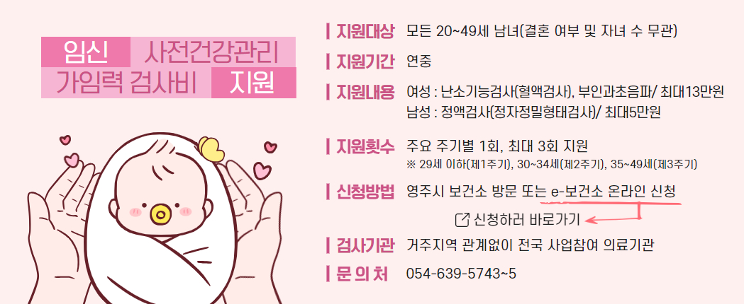 임신 사전건강관리 가임력 검사비 지원/ 1. 지원대상 : 모든 20~49세 남녀(결혼 여부 및 자녀 수 무관) 2. 지원기간 : 연중 3. 지원내용 - 여성 : 난소기능검사(혈액검사), 부인과 초음파 / 최대 13만원 - 남성 : 정액검사(정자정밀형태검사) / 최대 5만원 4. 지원횟수 - 주요 주기별 1회, 최대 3회 지원  ※ 29세 이하(제1주기), 30~34세(제2주기), 35~49세(제3주기) 5. 신청방법 : 영주시 보건소 방문 또는 e-보건소(www.e-health.go.kr) 온라인 신청 6. 검사기관 : 거주지역 관계없이 전국 사업참여 의료기관 7. 문의처 : 054-639-5743~5
