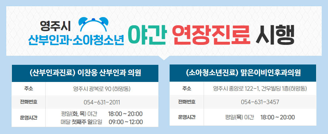 “영주시 산부인과·소아과 야간 연장진료 시행 안내” 산부인과·소아과 필수의료 접근성을 높여 임산부와 아이가 안전하고 빠르게 진료받을 수 있도록 야간연장진료를 시행합니다.  ❍ 운영 의료기관 안내   ⦁이찬응산부인과의원(산부인과)     - 주    소 : 영주시 광복로 90(하망동)     - 전화번호 : 054-631-2011     - 운영시간 : 평일(화, 목) 야간 18:00 ~ 20:00,                  매 달 첫째 주 일요일 09:00~13:00    ⦁맑은이비인후과의원(소아과)     - 주    소 : 영주시 중앙로 122-1 건우빌딩 1층(하망동)     - 전화번호 : 054-631-3457     - 운영시간 : 평일(목) 야간 18:00 ~ 20:00